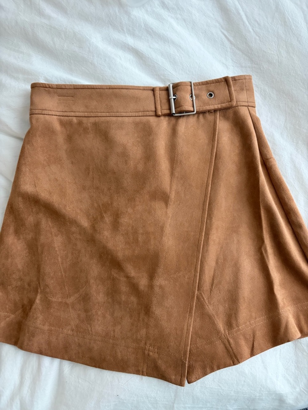 Classic Tan Suede A-Line Skirt with Buckle Waist